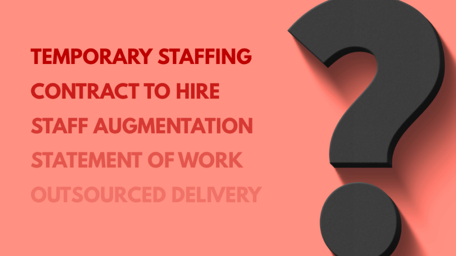 List of contract staffing models fading away next to black question mark on red background