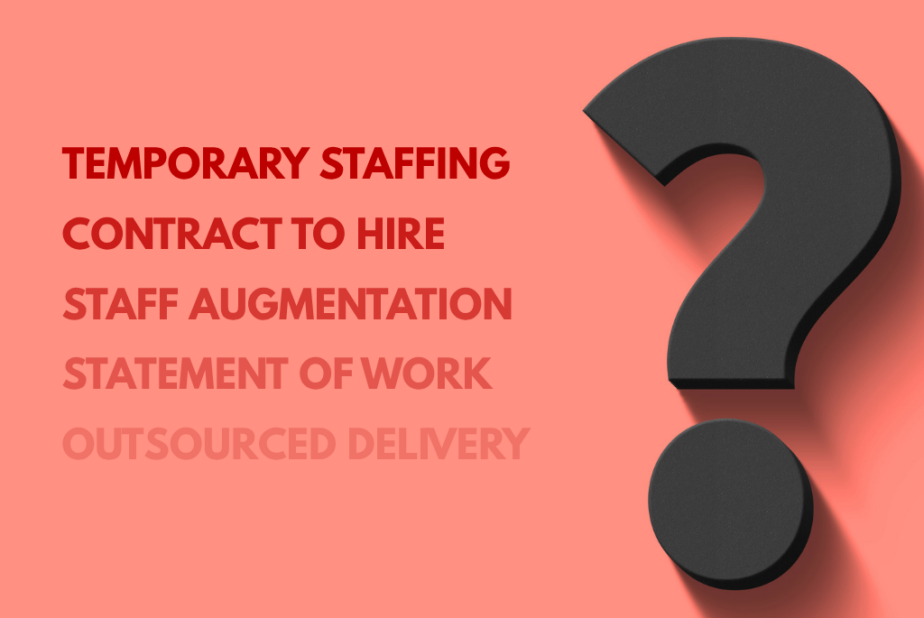 List of contract staffing models fading away next to black question mark on red background