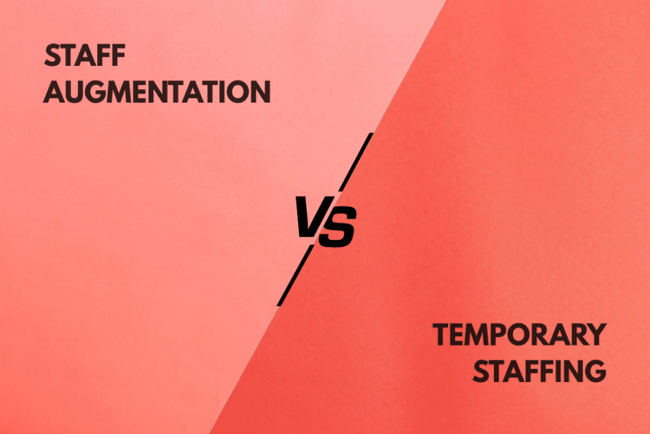 Staff Augmentation vs Temporary Staffing graphic on split red background