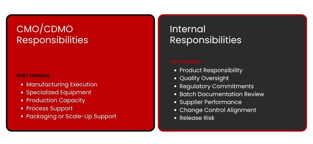 Internal responsibilities vs CMO/CDMO responsibilities