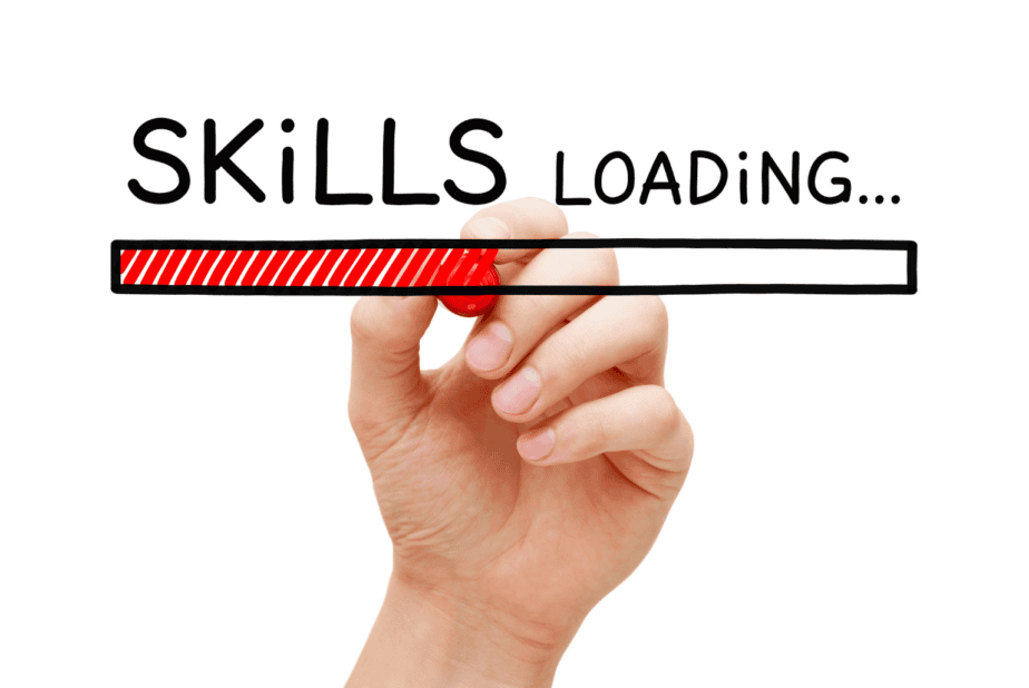 Hand holding marker writing "Skills Loading..." with red loading bar in whiteboard style art